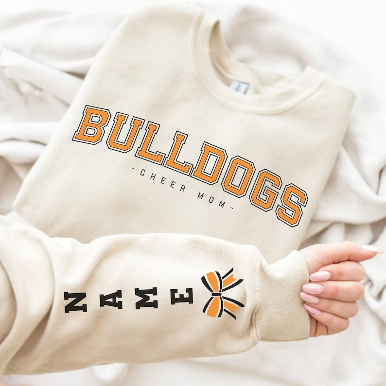 Custom Bulldogs Cheer Mom Sweatshirt – Personalized Name Sleeve with Cheer Bow